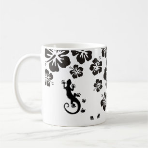 Taza De Café los hibiscos florecen de negro con Geckos