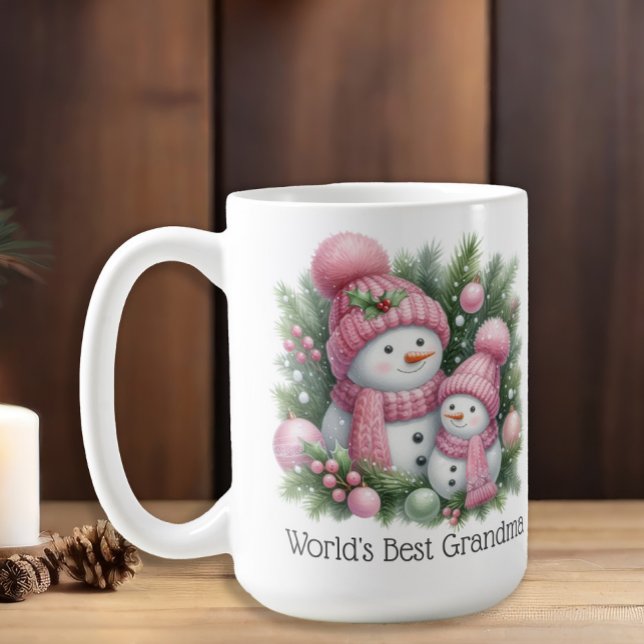Taza De Café Los mejores Navidades verdes rosados de la abuela  (Cute snowman "World's Best Grandma" mug)