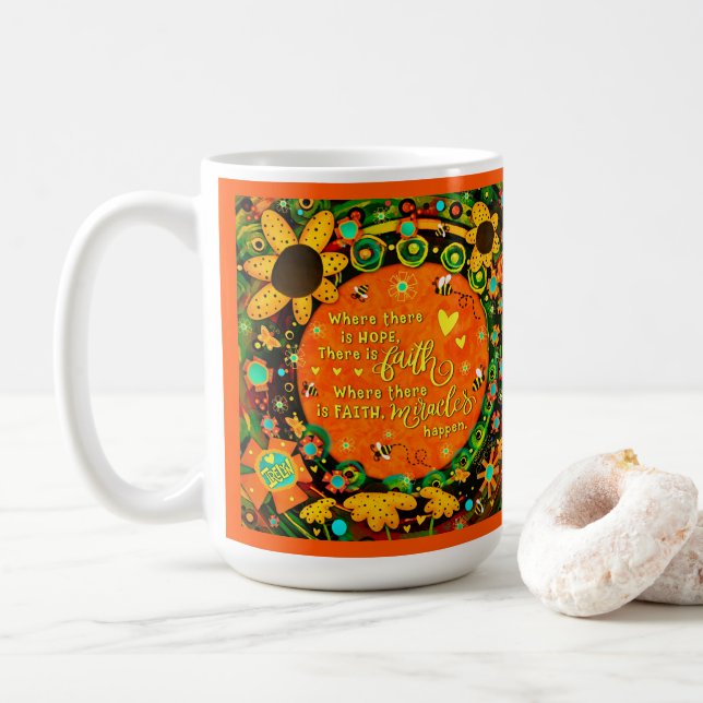 Taza De Café Los milagros de la fe citan abejorros florales Ire (Con donut)