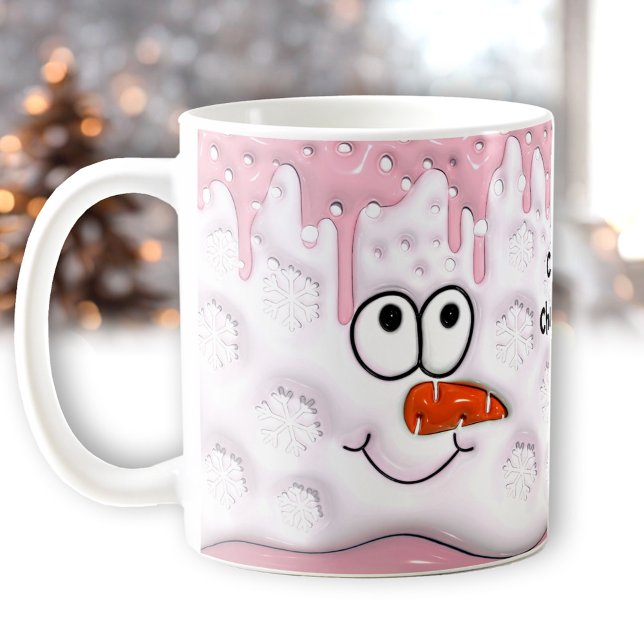 Taza De Café Los Navidades de la dieta funden el nombre rosado  (Cute Christmas Melting Snowman Face Pink Name Coffee Mug)