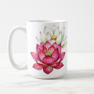 Taza De Café Loto de Flor de Agua Rosa y Blanco Acuarela