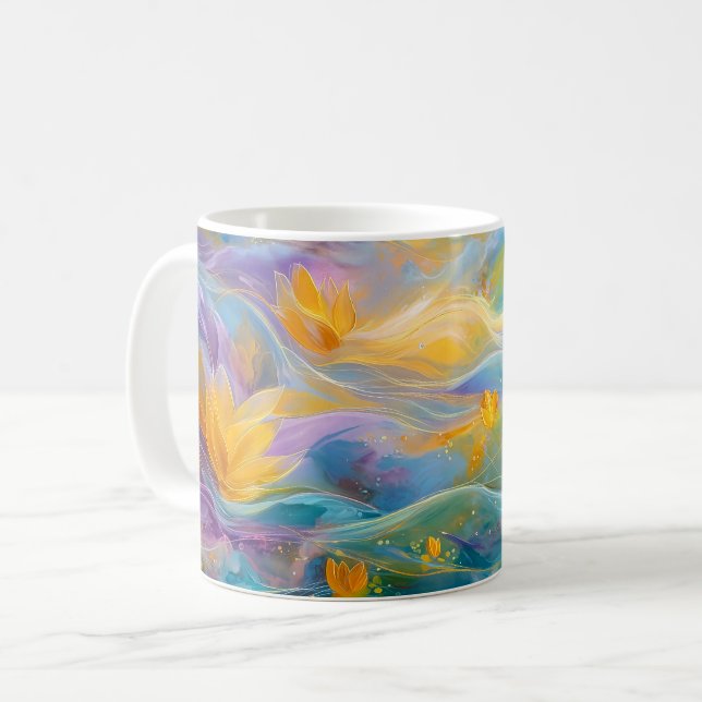 Taza De Café Loto Dorado Abstracto Flores Flotantes (Anverso izquierdo)