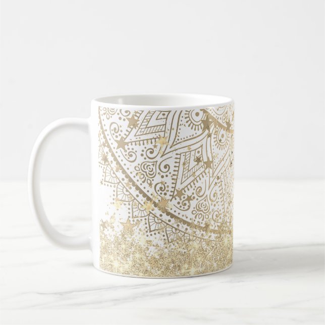 Taza De Café Lotus Mandala con Purpurina de estrellas de oro en (Izquierda)