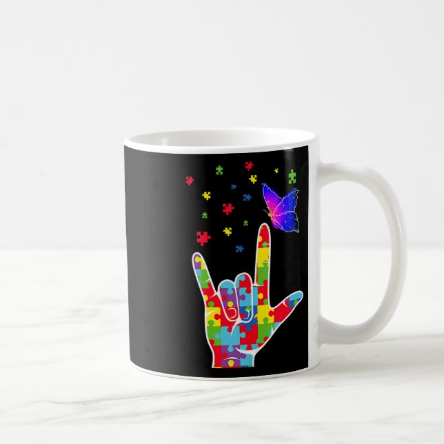 Taza De Café Love Asl Sign Language Puzzle Butterfly Autism Awa (Derecha)
