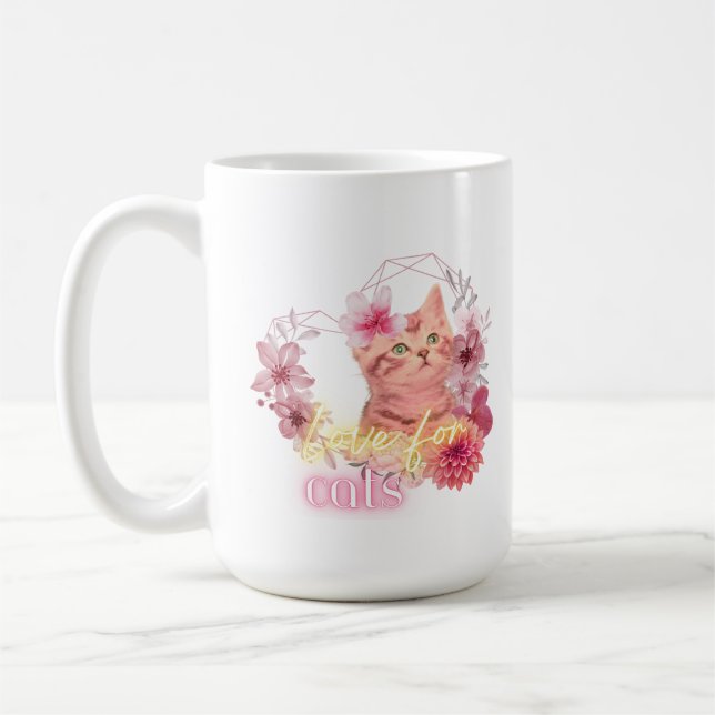 Taza De Café Love for Cats Mug – Cute Floral Kitten Coffee Cup  (Izquierda)