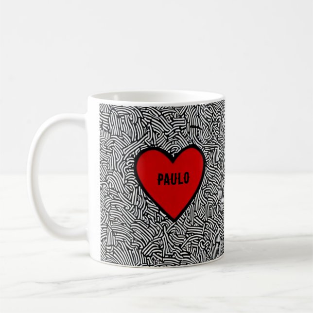 Taza De Café Love Heart Doodle mug Black White & Red valentines (Izquierda)