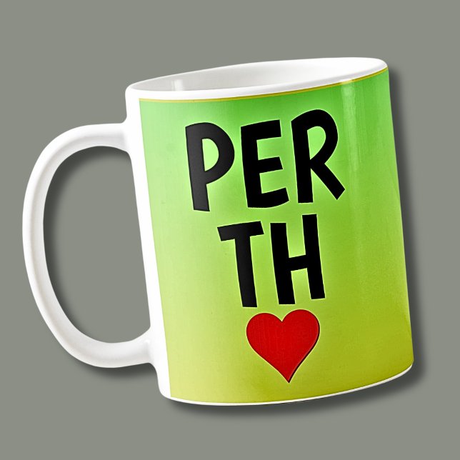 Taza De Café Love PERTH (o tu texto) Heart on Green Gold (Subido por el creador)
