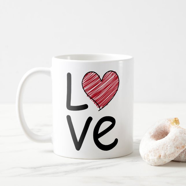 Taza De Café Love Scribbled Hand Drawn Red Heart Minimalist (Con donut)