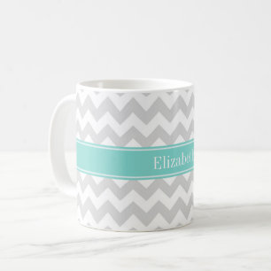 Taza De Café Lt Gris Chevron Blanco Aqua Turquesa Monograma Nom