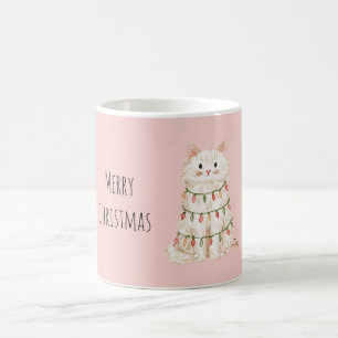 Taza De Café Luces de árbol de Navidad de gato blanco rosa