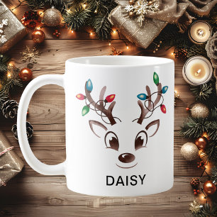 Taza De Café Luces de Cuerdas de Acuarela Reno Nombre Personali
