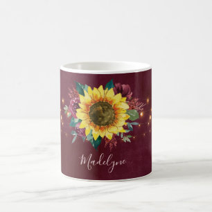 Taza De Café Luces de girasol Monograma de floral borgoñona