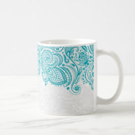 Taza De Café Lugar Turquesa Y Paisley Floral Blanca