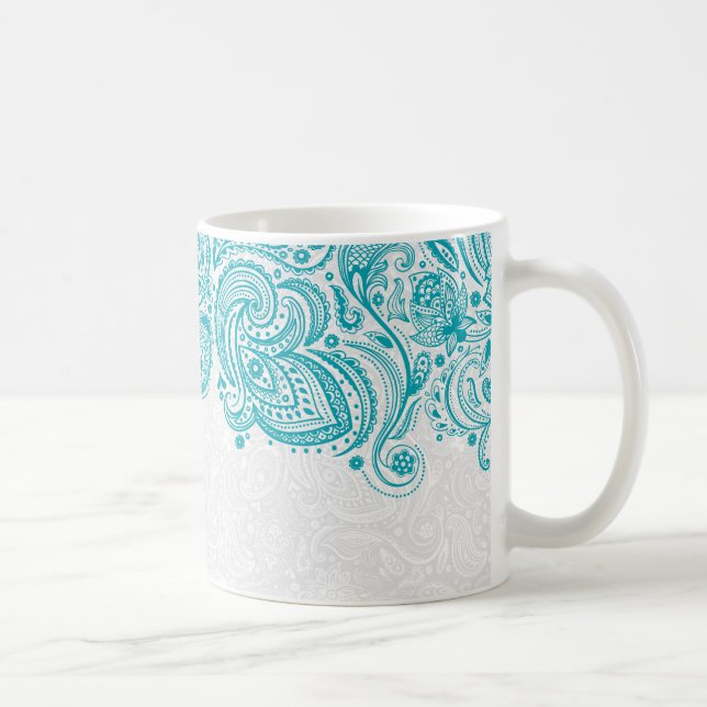 Taza De Café Lugar Turquesa Y Paisley Floral Blanca (Derecha)