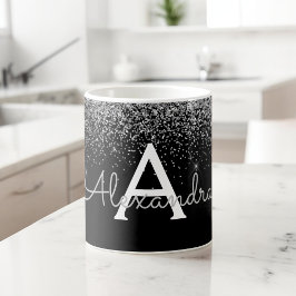 Taza De Café Lujo Negro Plata Glitter Monograma Nombre