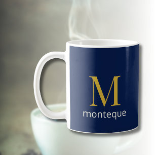 Taza De Café Lujo Nombre Personalizado Monograma Dorado Marino