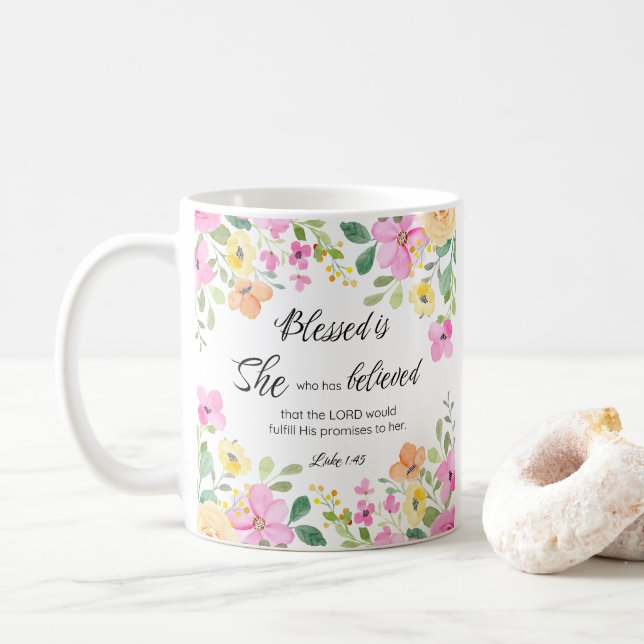 Taza De Café Luke 1:45 bendecida es ella, floral de las escritu (Con donut)