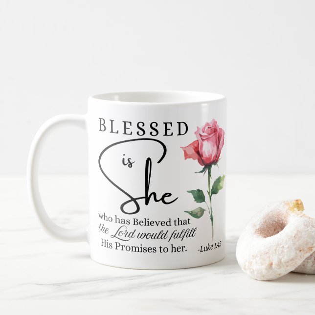 Taza De Café Luke 1:45 Bendita es su flor Rosa (Con donut)