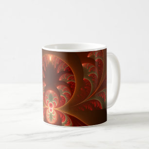 Taza De Café Luminoso fractal moderno abstracto naranja rojo