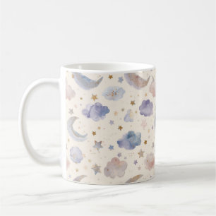 Taza De Café Luna Celeste Estrellas Nubes Aquarela Pastel