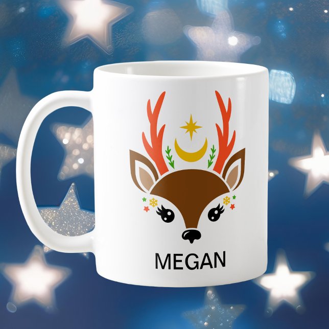 Taza De Café Luna Celestial y Reno de Cara de Estrellas Fiesta (Celestial Moon & Star Reindeer Face Holiday Coffee Mug
)