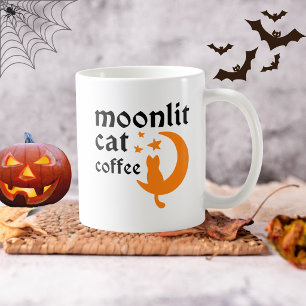 Taza De Café Luna naranja divertida de Halloween con gato 