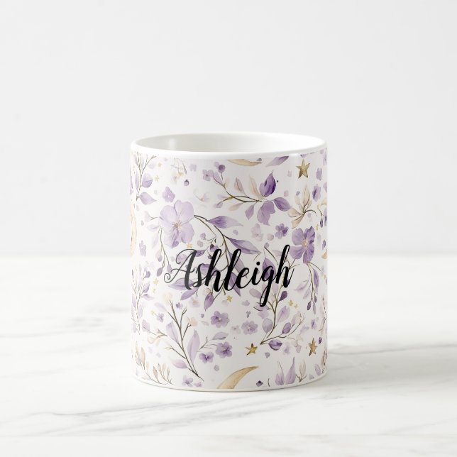 Taza De Café Lunas y estrellas florales púrpura blanco (Centro)