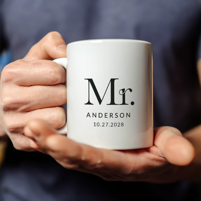 Taza De Café Luxe Elegance | Negro y blanco Sr. Boda Fecha (Subido por el creador)