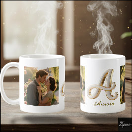 Taza De Café Luxury Cursive Gold White Initial A + 2 PHOTO