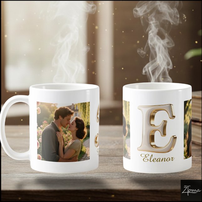 Taza De Café Luxury Cursive Gold White Initial  E + 2 PHOTO (Subido por el creador)