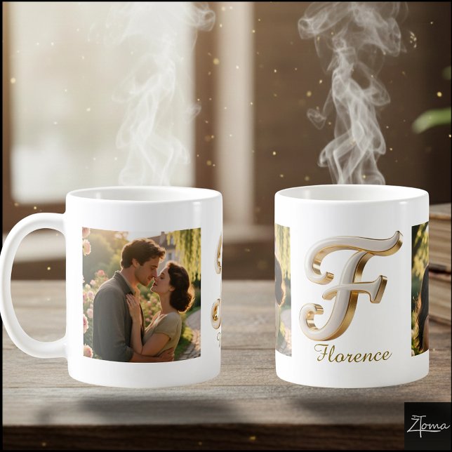 Taza De Café Luxury Cursive Gold White Initial  F + 2 PHOTO (Subido por el creador)