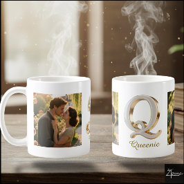 Taza De Café Luxury Cursive Gold White Initial Q + 2 PHOTO