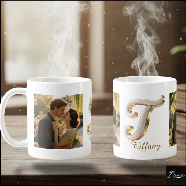 Taza De Café Luxury Cursive Gold White Initial  T+ 2 PHOTO (Subido por el creador)