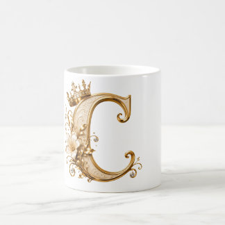 Taza De Café Luxury Gold Letter C Monogram with Crown & Lily Fl