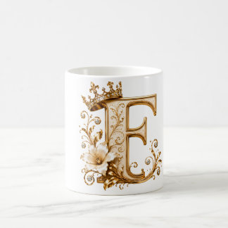 Taza De Café Luxury Gold Letter F Monogram with Crown & Lily Fl