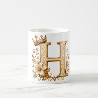 Taza De Café Luxury Gold Letter H Monogram with Crown & Lily Fl