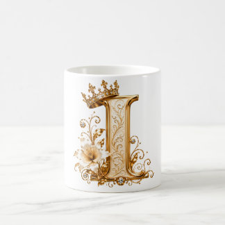 Taza De Café Luxury Gold Letter I Monogram with Crown & Lily Fl