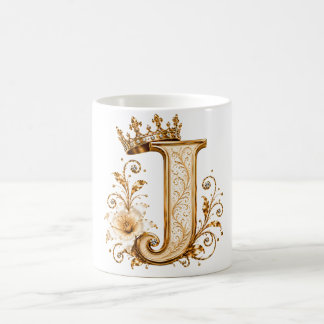 Taza De Café Luxury Gold Letter J Monogram with Crown & Lily Fl