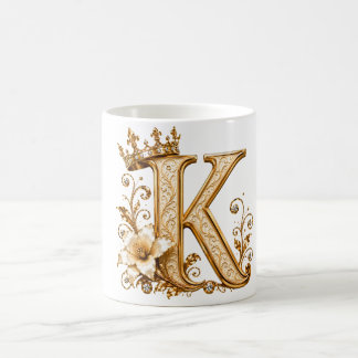 Taza De Café Luxury Gold Letter K Monogram with Crown & Lily Fl