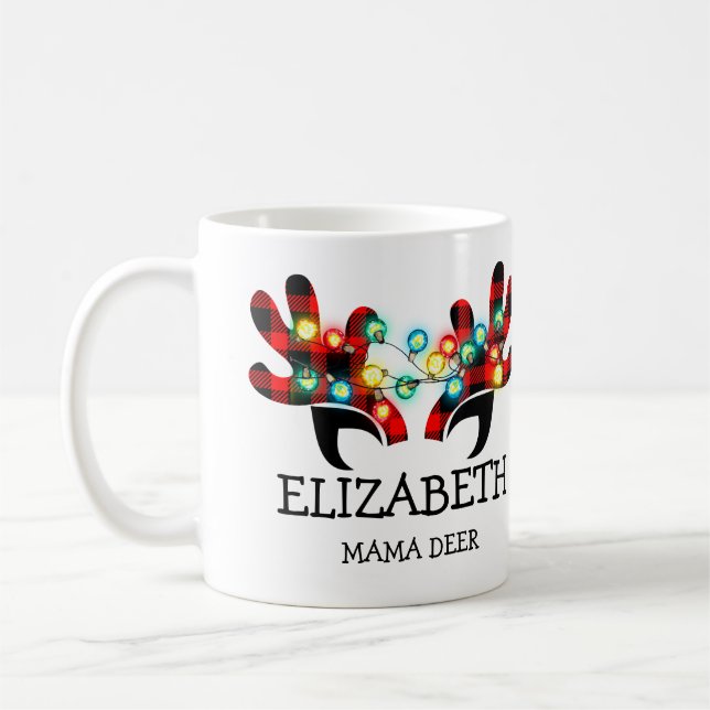 Taza De Café Luz festiva ligera Rústica Plaid Deer Antlers Nomb (Izquierda)