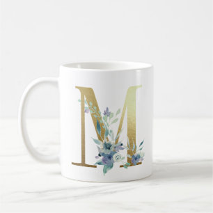 Taza De Café M, inicial dorada con follaje floral azul