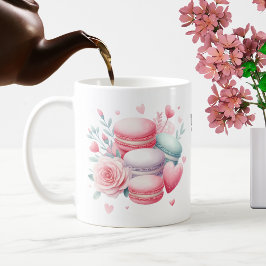 Taza De Café Macaron y corazones blancos y rosados personalizad
