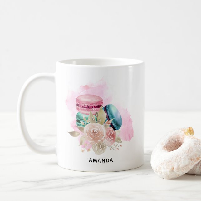Taza De Café Macarones coloridos y acuarela de flores (Con donut)