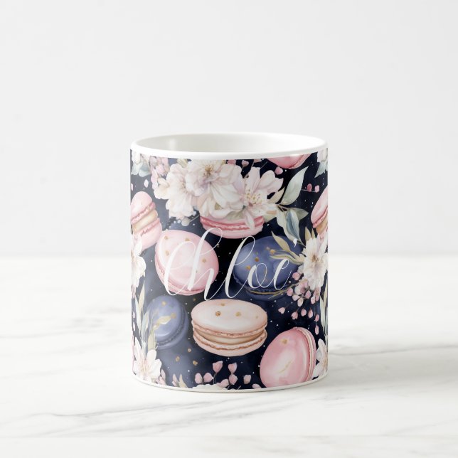 Taza De Café Macarrones Azules Rosados Franceses Elegantes (Centro)