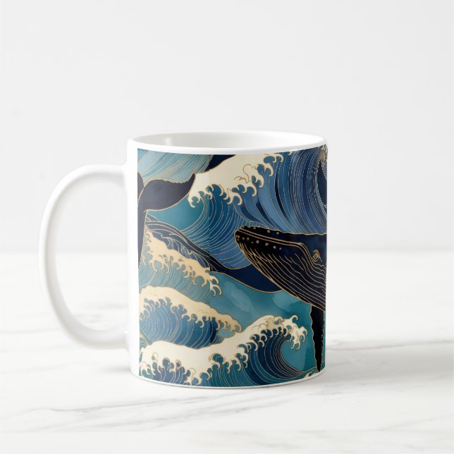 Taza De Café Madagascar Ocean Whale - Blue & Gold Waves |  (Izquierda)