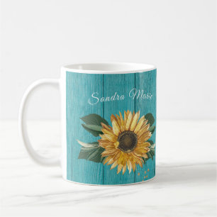 Taza De Café Madera Verde azulada Rústica del girasol amarillo 