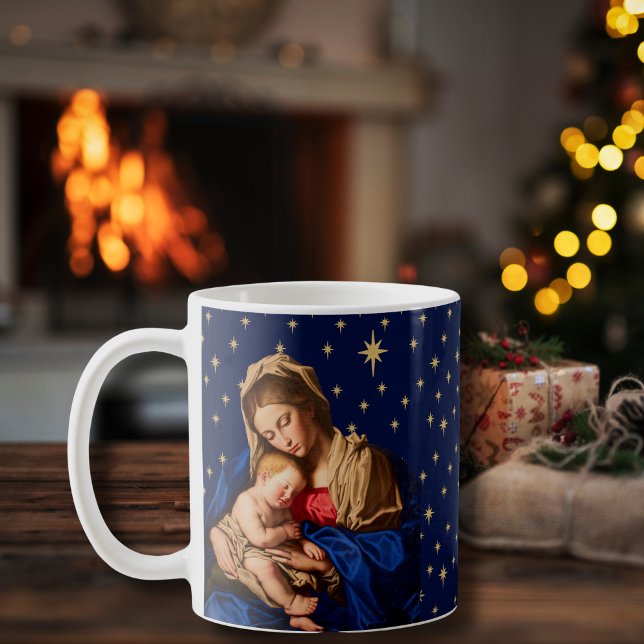 Taza De Café Madonna y Navidades infantiles dan pastores a sace (Navy blue and gold religious coffee cup with Madonna and Child. Great gift for Catholics.)