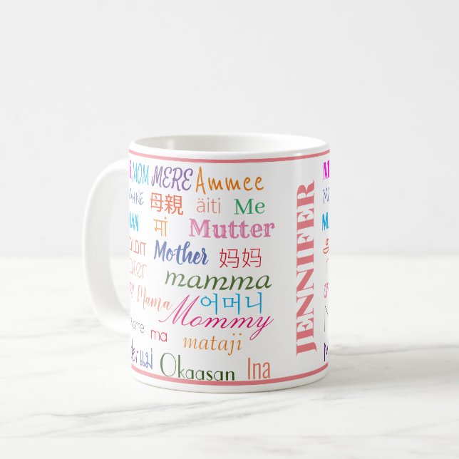 Taza De Café Madre Colorida En Diferentes Idiomas Cuidados (Anverso izquierdo)