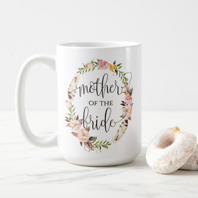 Taza De Café Madre de la novia, caligrafía, floral Wreath-7 (Con donut)