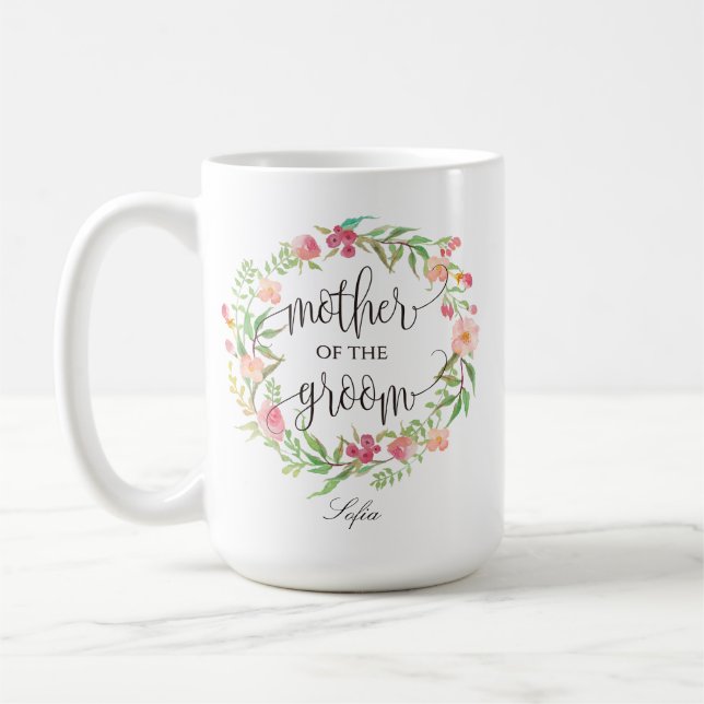 Taza De Café Madre del Groom, caligrafía, floral Wreath-6 (Izquierda)